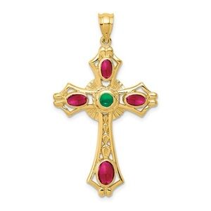 Vintage  14k Yellow Gold Cross with Rubies and Emerald